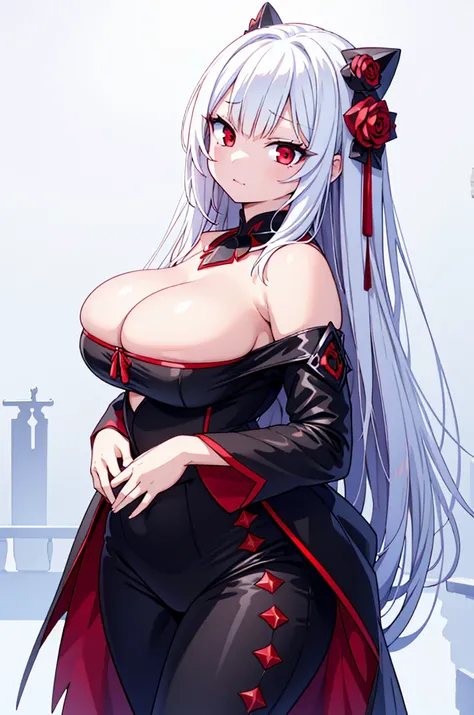 extremely detailed, masterpiece, high resolution, black , deep sharp red eyes, sharp face, cold, beautiful, long white hair, sexy face, curvy figureblack , deep sharp red eyes, sharp face, cold, beautiful, long white hair, sexy face, curvy figure