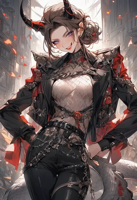 Tall woman, cheeky mad smile, brunette, hair gathered in a low bun, red and black clothes with open chest, purple eyes, dragon tail and horns, belts, pants, many details, light lipstick