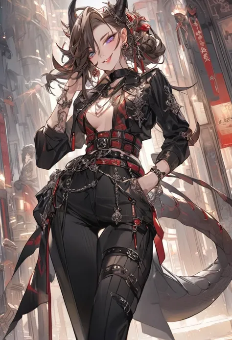 Tall woman, cheeky mad smile, brunette, hair gathered in a low bun, red and black clothes with open chest, purple eyes, dragon tail and horns, belts, pants, many details, light lipstick