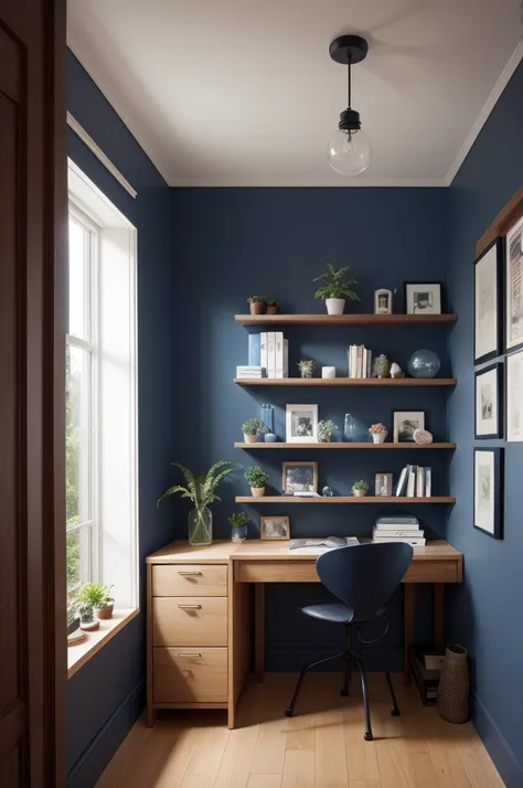 A small female single room, with a single bed covered in a navy blue sheet, a desk that holds a terrarium, a bookshelf, a window that stands out, a door to the bathroom