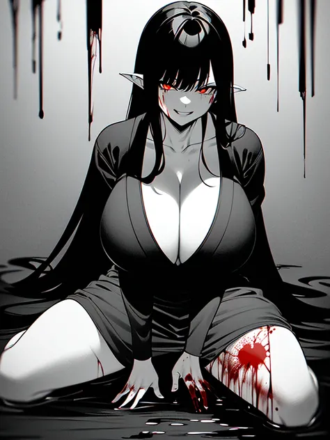 ((super detailed)), (red eyes), black hair, black kimono, open kimono, cleavage, huge breasts, bloody, ((bloody clothes)), smirk, (blood), evil smile, ((black and white)), ((monochrome)), (greyscale), ((blood)), ((blood splatters)), sitting, (bloody backgr...