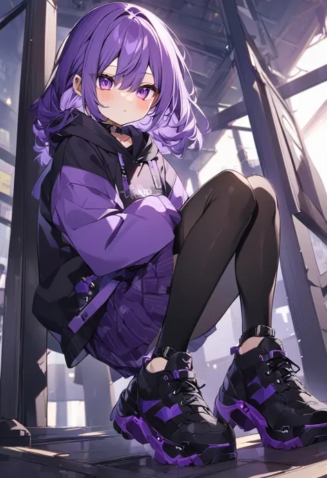 Keito。Purple Eyes。Purple Hair。Purple Skirt。Black shoes下。Black shoes。Purple hoodie