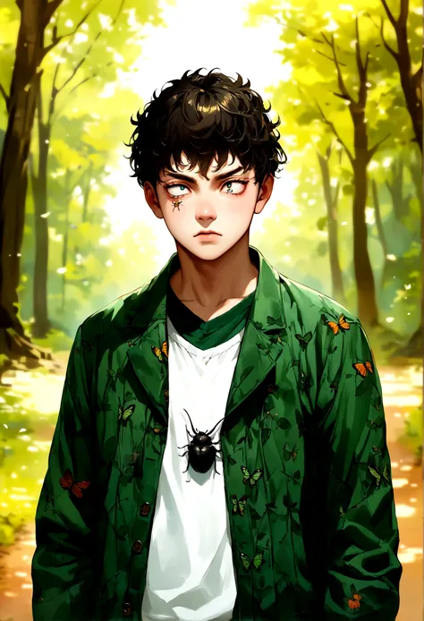 young male, dark fluffy hair, forest green jacket, bug theme, eye bags, school background