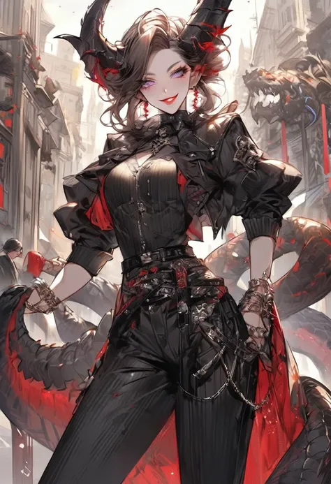 Tall woman, cheeky mad smile, brunette, hair gathered in a low bun, black clothes with open chest, purple eyes, dragon tail and horns, belts, pants, many details, light lipstick