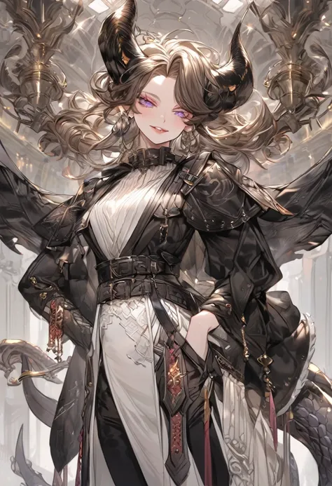 Tall woman, cheeky mad smile, brunette, hair gathered in a low bun, black clothes with open chest, purple eyes, dragon tail and horns, belts, pants, many details, light lipstick