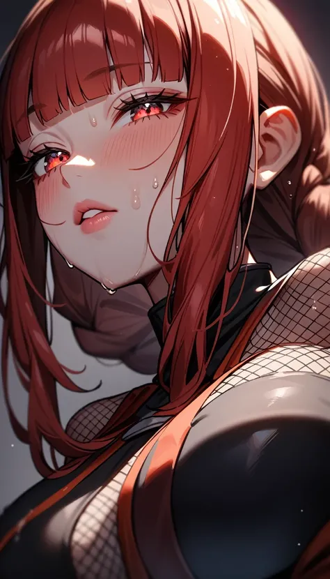 1girl,solo,super detailed skin,shiny skin,wet oily skin,natural face,lips gloss,eyelashes,half open eyes,glowing red eyes,red hair,blunt bangs,sidelocks,a braid,large breasts,body suit,Shinobi clothes,fishnet,unique black boots,from below,simple background...