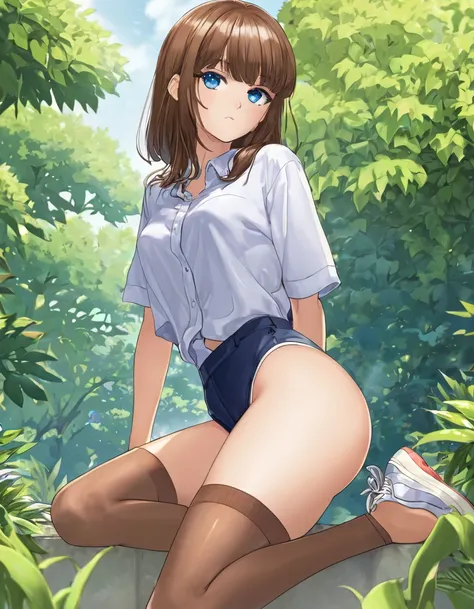 BREAK Perfect Anatomy、(High resolution:1.2)、Incredible illustrations、(Cute illustrations:1.2)、
(nsfw)(hip focus,) （Beautiful background（bushes))
1girl((brown hair,asymmetric bangs, tanned skin: 1.3,blue eyes,fang)1girl((a girl,slender 1.7meters, 35kg, (( s...