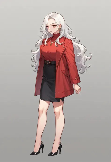 Highest quality, anime, One Girl, whole body, ３８Old woman, Bewitching beauty, Black wavy long hair, Red jacket outerwear, Close the front of the jacket,  Red tight skirt, Black high heels, Female CEO, Front standing, necklace, Earrings