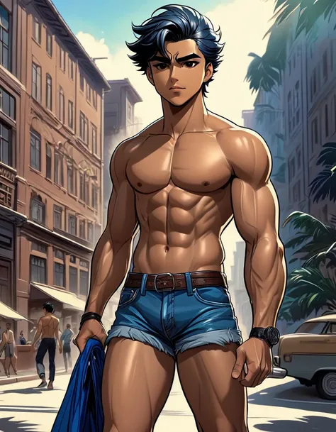 anime+yaoi+hentai style, hentai style colors palette , simetryc composition,  ultradetailed art style, oil painting, fullbody, perfect compositicion,  perfect anatomy, wearing small litle shorts, dramatic, natural lighting, a young gorgeous, shirtells pant...