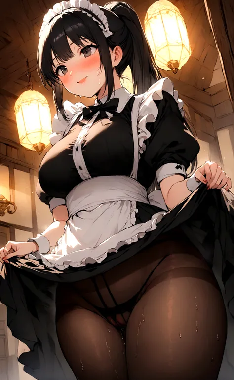 One Woman、One Man、The man is looking up her skirt、Stand in front of a man、Beauty、たくさんのMaid達、Western-style building、Luxury House、淫乱Maid、Maid、Maid服、Age 25、master, ponytail, Highest quality, Focus on the thighs, smile,  Black Pantyhose, panties under pantyhos...