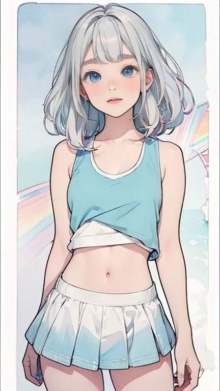 enjoying the morning sun on the beach、(water colour,tegaki:1.4),(soft pastel colors:1.3),(platinum hair:1.3),( blue colored eyes...