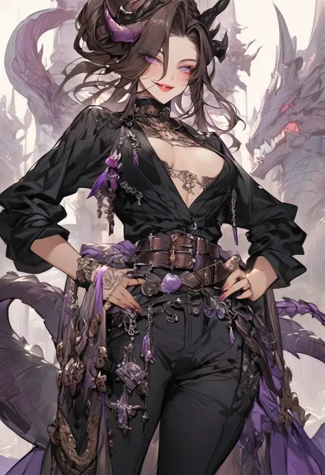 Tall woman, cheeky mad smile, brunette, hair gathered in a low bun, black clothes with open chest, purple eyes, dragon tail and horns, belts, pants, many details, light lipstick