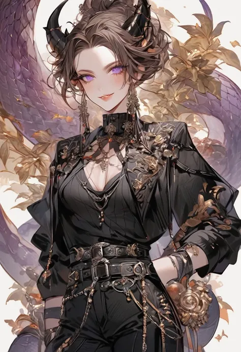 Tall woman, cheeky mad smile, brunette, hair gathered in a low bun, black clothes with open chest, purple eyes, dragon tail and horns, belts, pants, many details, light lipstick