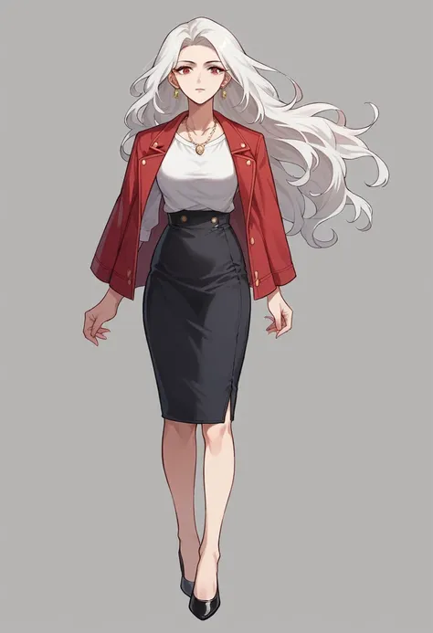 Highest quality, anime, One Girl, whole body, ３８Old woman, Bewitching beauty, Black wavy long hair, White shirt inner, Red jacket outerwear, Close the front of the jacket,  Red tight skirt, Black high heels, Female CEO, Front standing, necklace, Earrings, ...