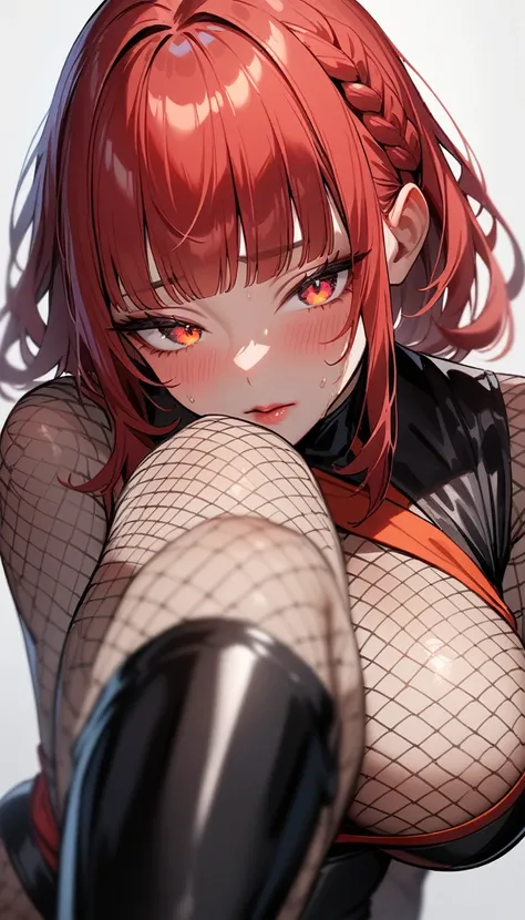 1girl,solo,super detailed skin,shiny skin,wet oily skin,natural face,lips gloss,eyelashes,half open eyes,glowing red eyes,red hair,blunt bangs,sidelocks,a braid,large breasts,high-leg body suit,Shinobi clothes,under ,Fishnet bodystocking,unique black boots...