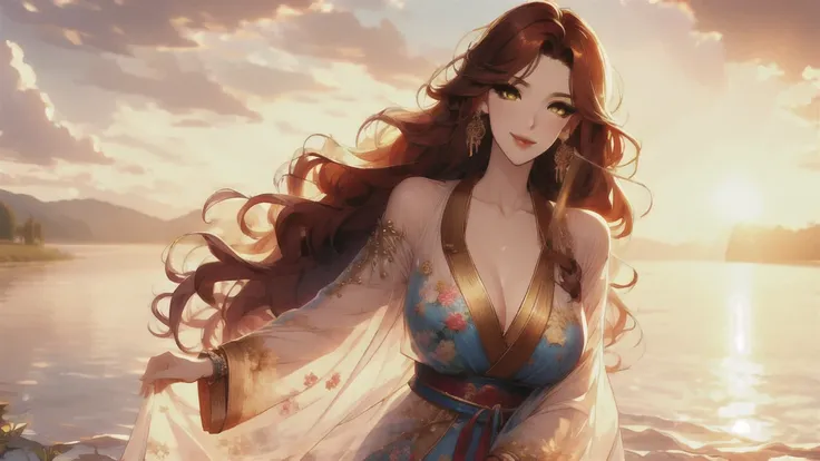 uhd, textured skin, high detail, anatomically correct, solo, 1 female, xian mei, unique golden eyes, long red curly hair, jewelr...