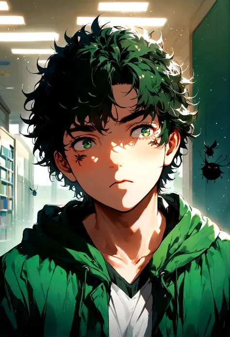 young male, dark fluffy hair, dark green open hoodie, bug theme, eye bags, school background
