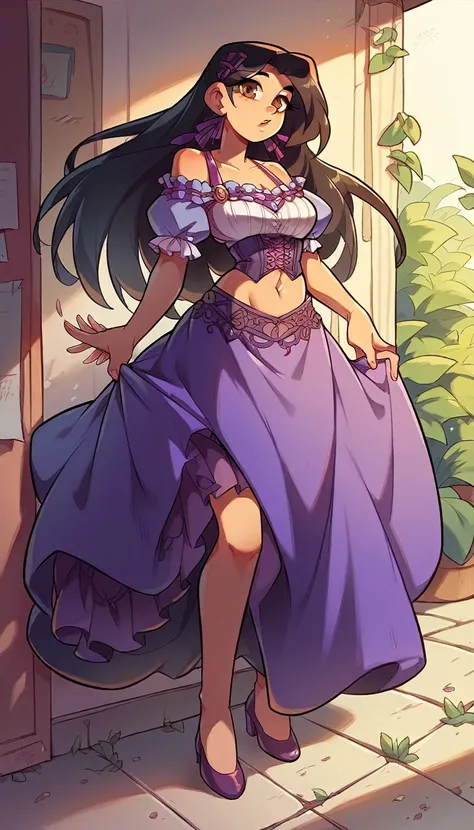 A tall sexy sensual girl, beautiful, long black hair, her brown eye, dresses in a corset, purple thread, shows her navel and a purple denim skirt, long purple heel. 