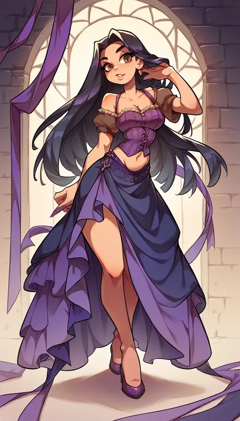 A tall sexy sensual girl, beautiful, long black hair, her brown eye, dresses in a corset, purple thread, shows her navel and a purple denim skirt, long purple heel. 