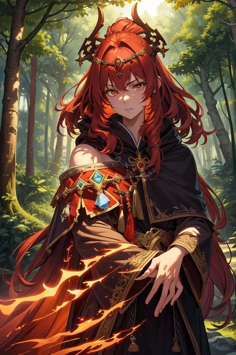  (extremely detailed CG unity 4k wallpaper),(masterpiece),(best quality),(ultra-detailed),(best illustration),(best shadow),(absurdres),(detailed background), Dark Fantasy forest setting, Shoulder length Red hair ( long hair), Red and Amber eyes, priestess...