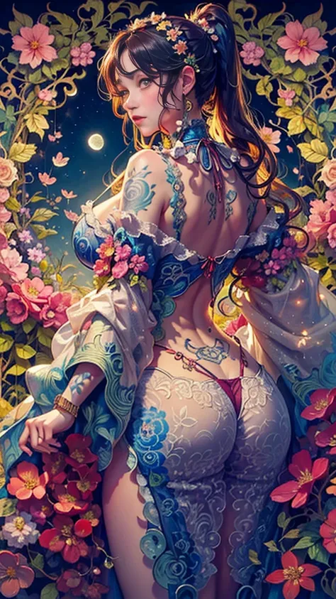 ((masterpiece)), (best quality), (Work),  Art Nouveau watercolor painting , moon goddess  , big breasts，robe，thong，show your neck，bare shoulders，show navel，exposed camel toe，Plum blossom tattoo on butt，big eyes, long, thick eyelashes, plump lips, dark red ...