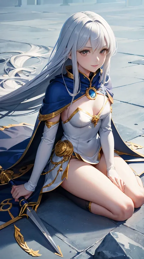 whole body, Silver Haired Girl, Golden Eyes, Angelic body and face, And a miniskirt with blue crystal armor, Wield a spear, Wear a cloak, shield, With gold ring, Sitting on the blue sky throne, White Seraphim Wings, evening, and dawn background scene, Magi...