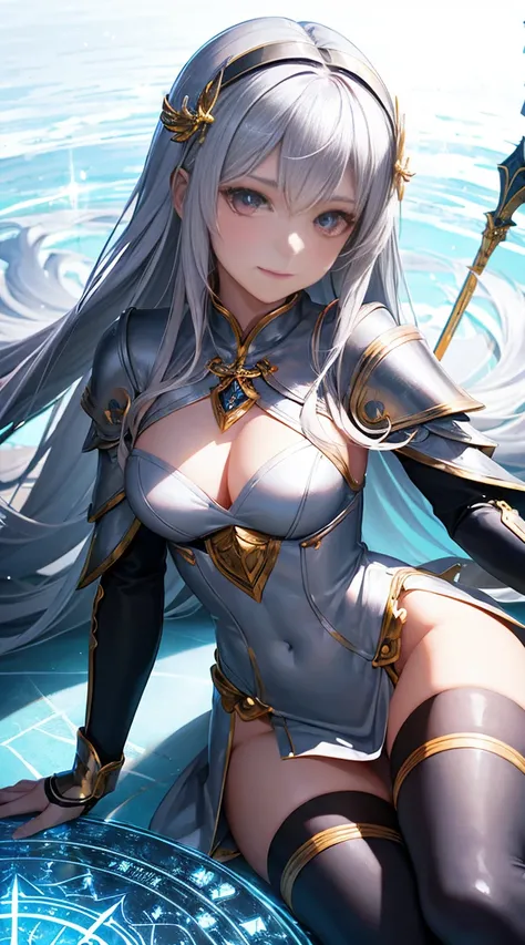 whole body, Silver Haired Girl, Golden Eyes, Angelic body and face, And a miniskirt with blue crystal armor, Wield a spear, Wear a cloak, shield, With gold ring, Sitting on the blue sky throne, White Seraphim Wings, evening, and dawn background scene, Magi...