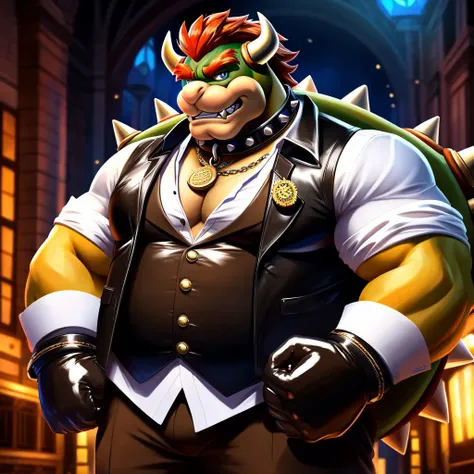 Solo, Male, fat, extremely obese, gentleman, dapper Professor Bowser, blue eyes, (posing:1.3), (soft shading), 4k, hi res, ((detailed face, detailed)), looking at viewer, evil grin, steampunk, collared shirt with buttons, top hat, male focus, Explorer Outf...