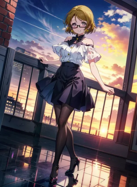 hanayo koizumi, hanayo　koizumi, short hair, brown hair, purple eyes,big breasts,black-rimmed glasses,cold shoulder shirt,short s...