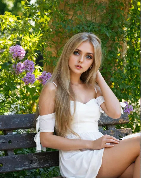 Arafed Woman sitting on a bench wearing a white dress, in white clothes, a beautiful woman dressed in white, with long blonde hair, Beautifully lit, Big eyes and long flowing hair, sitting with flowers, long blonde hair and big eyes, Ukrainian girl, with l...