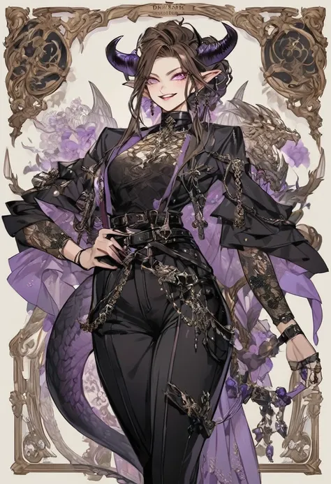 Tall woman, cheeky mad smile, brunette, hair gathered in a low bun, black clothes with open chest, purple eyes, dragon tail and horns, belts, pants, many details, light lipstick