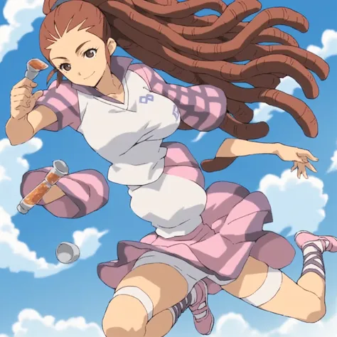 score_9, score_8_superior, score_7_superior, score_6_superior, score_5_superior, score_4_superior, sauce_anime, One girl, Mido Reika, Dreadlocks, Long Hair, High Ponytail, Brown eyes, Pause,, smile, View your viewers, 　Big Breasts　ballerina