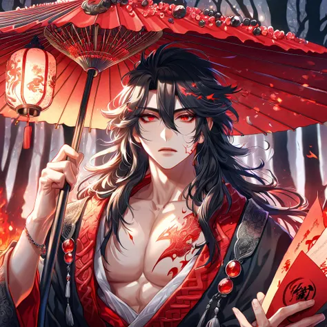 absurdres, highres, ultra detailed, HDR, master piece, best quality, extremely detailed face, delicated features, Xue Yu, untamed spiky hair, black hair, long hair, hair between the eyes, expressive red eyes, Thousand Years War, solo, sexy man holding a re...