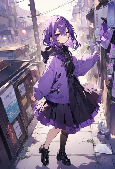 Keito。Purple Eyes。Purple Hair。Purple Skirt。Black shoes下。Black shoes。Purple hoodie