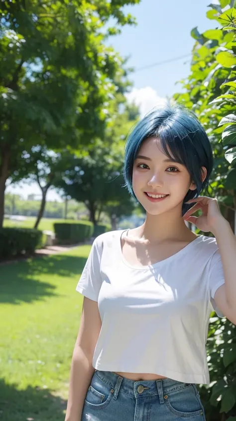 A girl with short blue hair is smiling under the summer sun. She is wearing a casual white T-shirt and denim shorts, giving off a cheerful and bright impression. In the background, the blue sky and green trees contrast beautifully with the color of her hai...