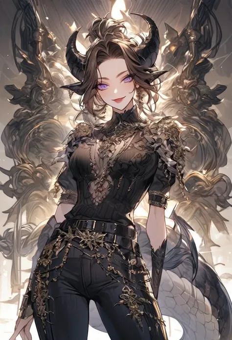 Tall woman, cheeky mad smile, brunette, hair gathered in a low bun, black clothes with open chest, purple eyes, dragon tail and horns, belts, pants, many details, light lipstick