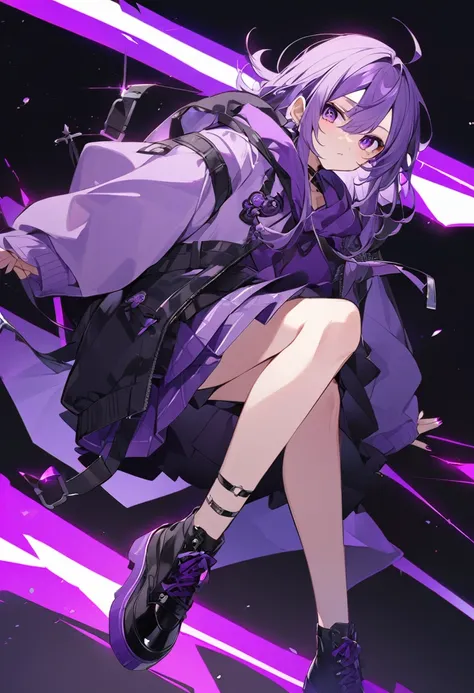 Keito。Purple Eyes。Purple Hair。Purple Skirt。Black shoes下。Black shoes。Purple hoodie