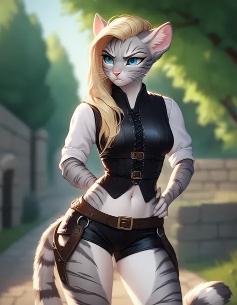 Solo, score_9,score_8_up,score_7_up, source_furry, kat, Anthro furry feline, female, tall slender body, long blonde hair, undercut hair, pink nose, :3, blue eyes, white whiskers, silver fur, grey stripes, furry body, wearing black cloth vest, black leather...