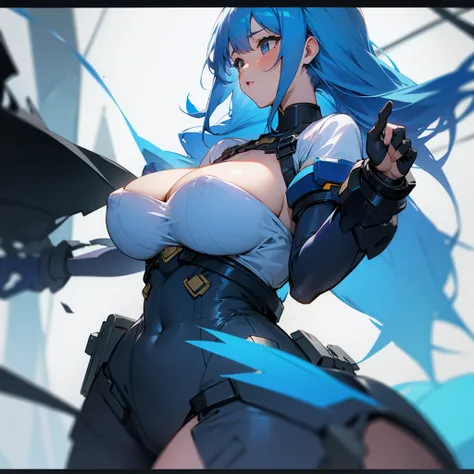 A cute girl with blue hair and big breasts in full view