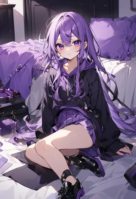 Keito。Purple Eyes。Purple Hair。Purple Skirt。Black shoes下。Black shoes。Purple hoodie。Purple bed