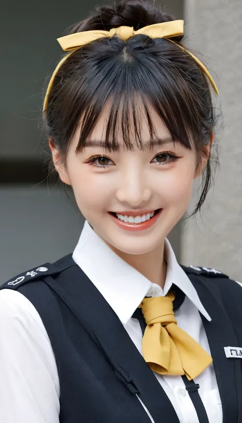 kamisato ayaka, Black Hair, high quality, woman in uniform tied up hair in a magazine article about fashion in tokyo, 1girl, solo, navel, brown hair, smile, realistic, grin