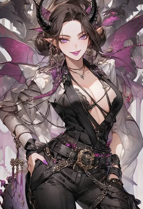 Tall woman, cheeky mad smile, brunette, hair gathered in a low bun, black clothes with open chest, purple eyes, dragon tail and horns, belts, pants, many details, light lipstick