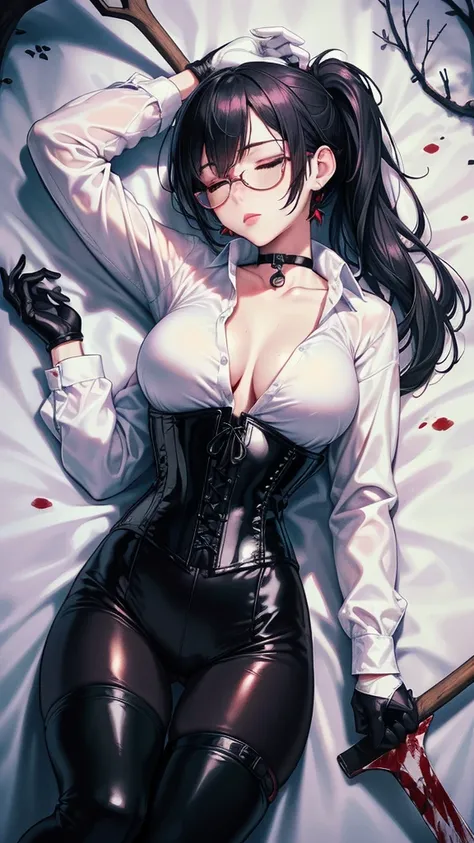 ((blood droplets)), ((blood)), ((blood splatter)), ((blood on clothes)), ((blood stain)), Masterpiece, Beautiful art, professional artist, 8k, art style by sciamano240, Very detailed face, Detailed clothing, detailed fabric, 1 girl, View from above, lying ...