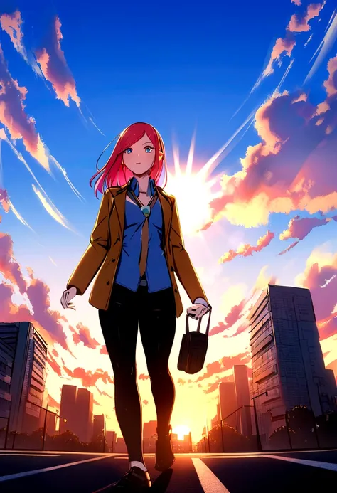 (nvinkpunk:1.2) (snthwve style:0.8) a woman inspired by Karen Gillan, antrum, lightwave, sun sunset, blue skies, intrikate, highy detailed