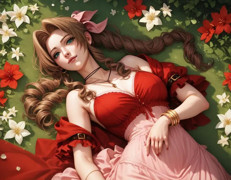 (best quality), (very aesthetic), (ultra-detailed), (best illustration),nsfw,aerith in a red dress lying on ned&#39;s back in a ...