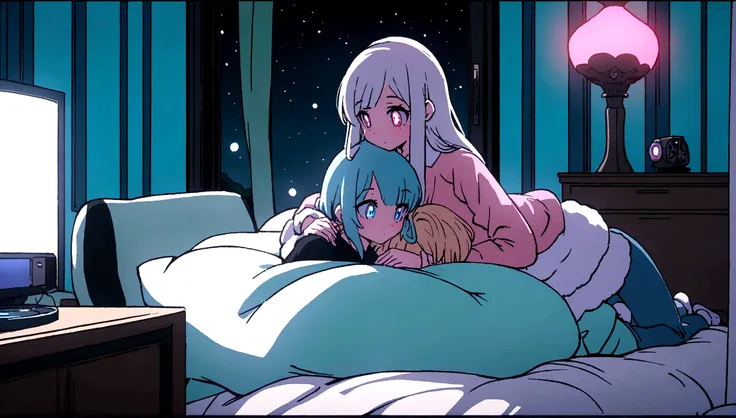 imagem perfeita, 8k, Girl listening to music in a cozy room at night, Usando fones de ouvido, Anime estilo 2D, Lo-fi, disco Rigido, Ambiente escuro, Cuddled with her boyfriend,occhi perfetti 4k perfetto, capelli blu 