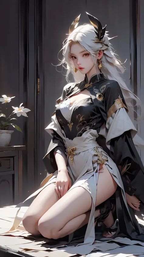 A very beautiful female empress, white  hair, bob hair, short-hair, yellow  eyes, olhos intensos, red nails, youthful face, notable physical features, slim, muscular but well-proportioned body. Wearing traditional Chinese imperial clothing in black with go...