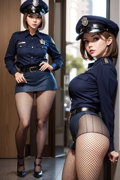 Hot policewoman with short mini skirt and tight fishnet tights with cap 