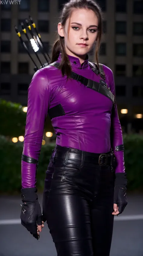 (masterpiece), (photorealistic1.4), (epiCRealLife), (lora:KateBishopFNLoRA:1.0 ribbed bodysuit costume), (KateBishopFNLoRA black leather pants), (KateBishopFNLoRA utilities belt), (leg holster)  (KateBishopFNLoRA black gloves), (Kate Bishop Purple Costume)...