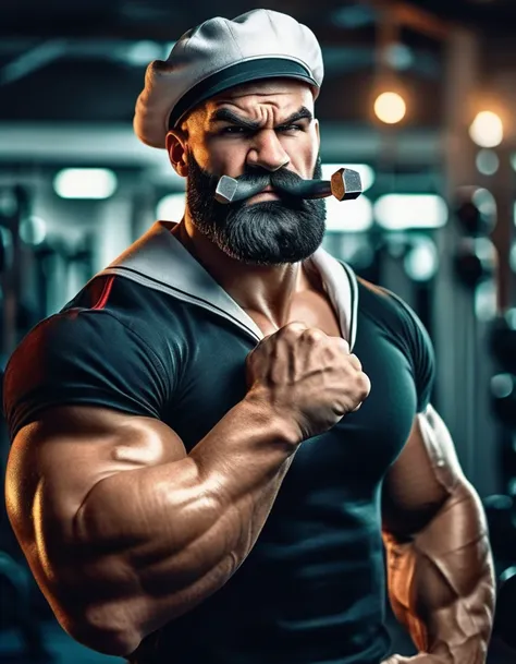 Sailor Popeye faithful to the work, lifting a big dumbbell as a bodybuilding athlete, highlighting your chin and forearm, your muscles well defined, Symmetrical, not exaggerated, harmonic, classic sailor look with pipe, black beard. with a powerful express...